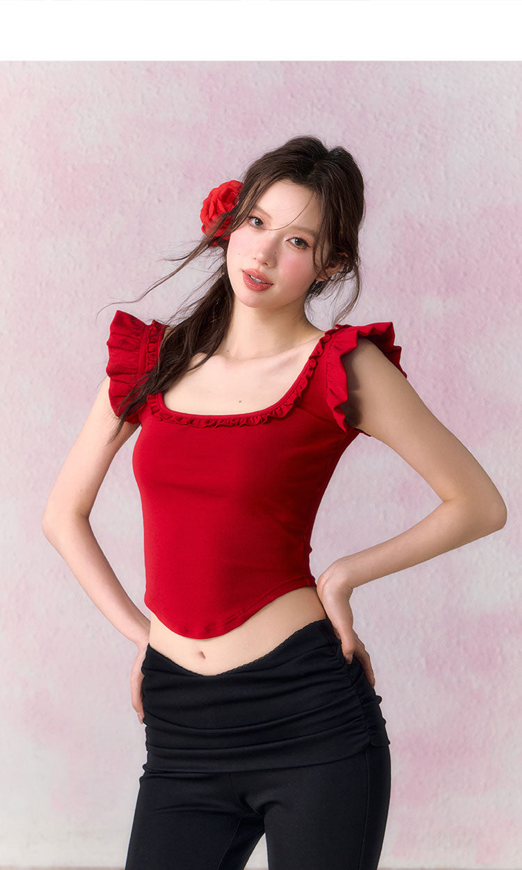 OCRC Official Red Spicy Girl's Small Flying Sleeve Sling Top Women's Summer Slim Short T-shirt, can be worn on both sides