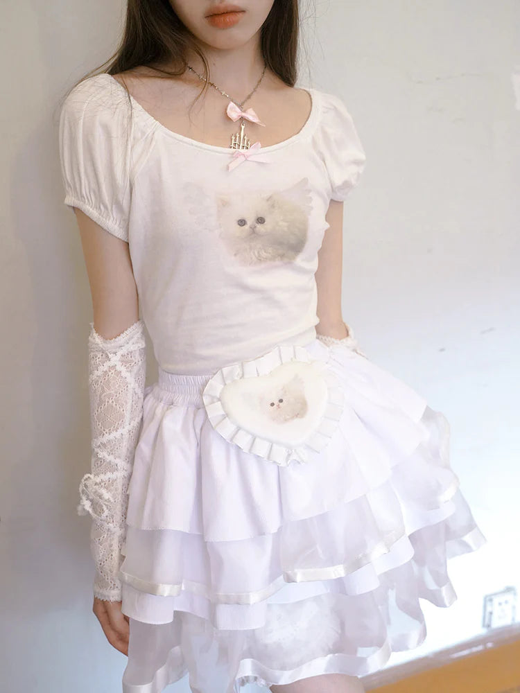 Angel Cat & Bunny Bow Round Neck T-shirt