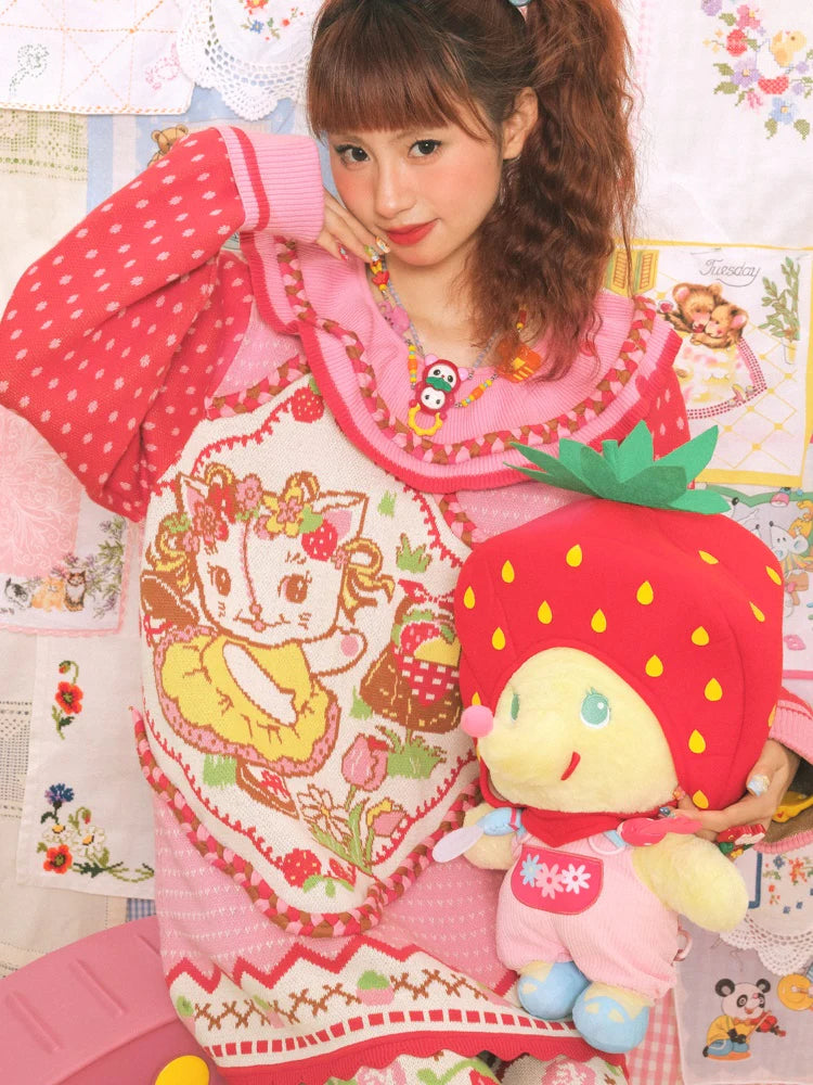 Large Lapel Cat Strawberry Jacquard Pullover Sweater- Outfits Aesthetic