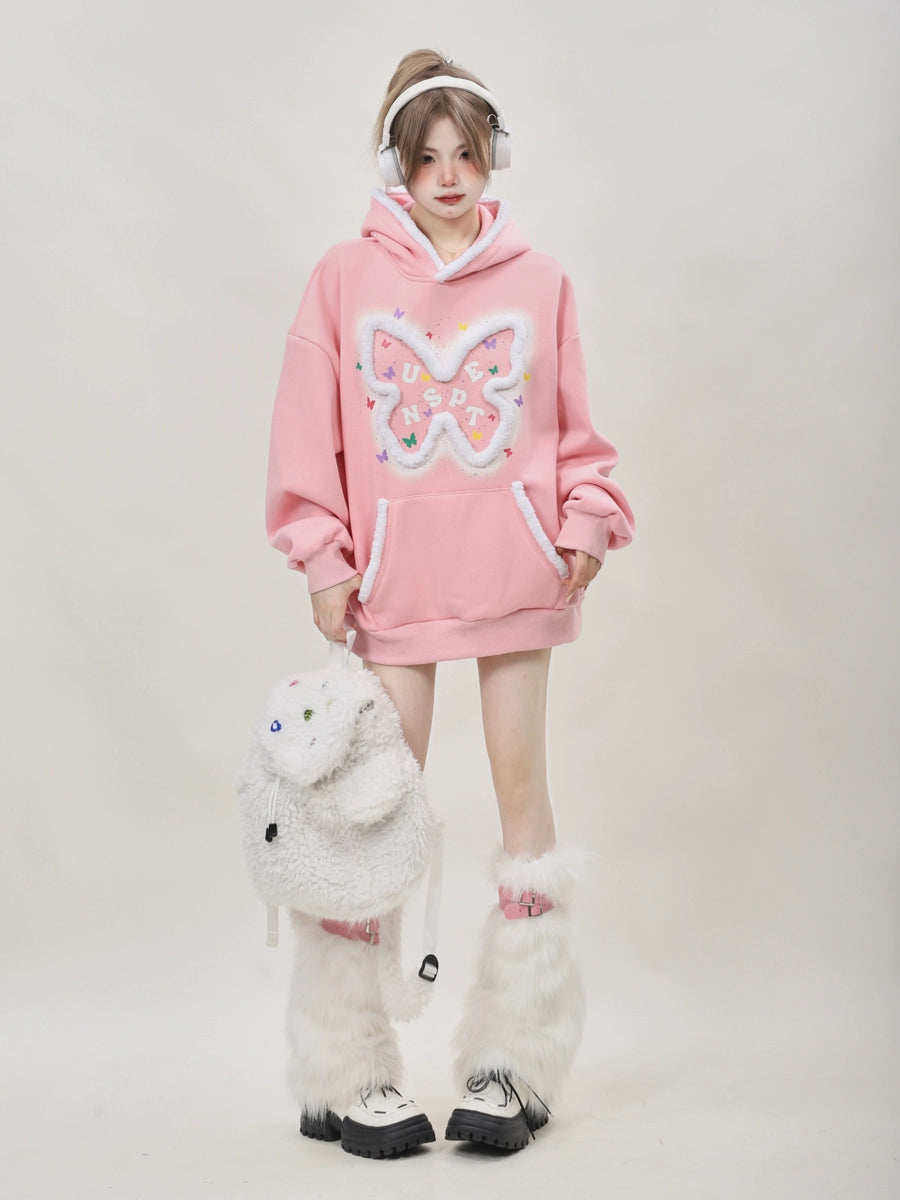 Oversized Kawaii Pink butterfly pullover sweatshirts, hoodies, with added fleece and thickened #PN-5008