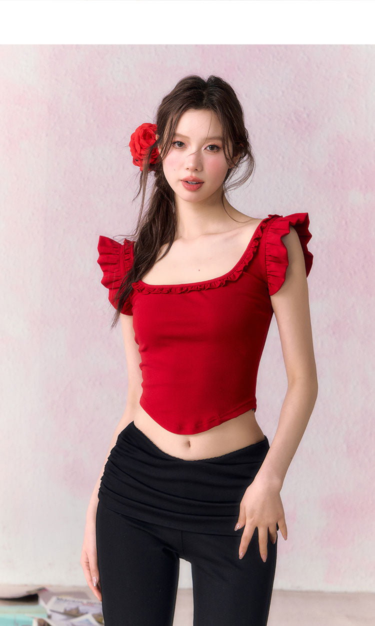 OCRC Official Red Spicy Girl's Small Flying Sleeve Sling Top Women's Summer Slim Short T-shirt, can be worn on both sides