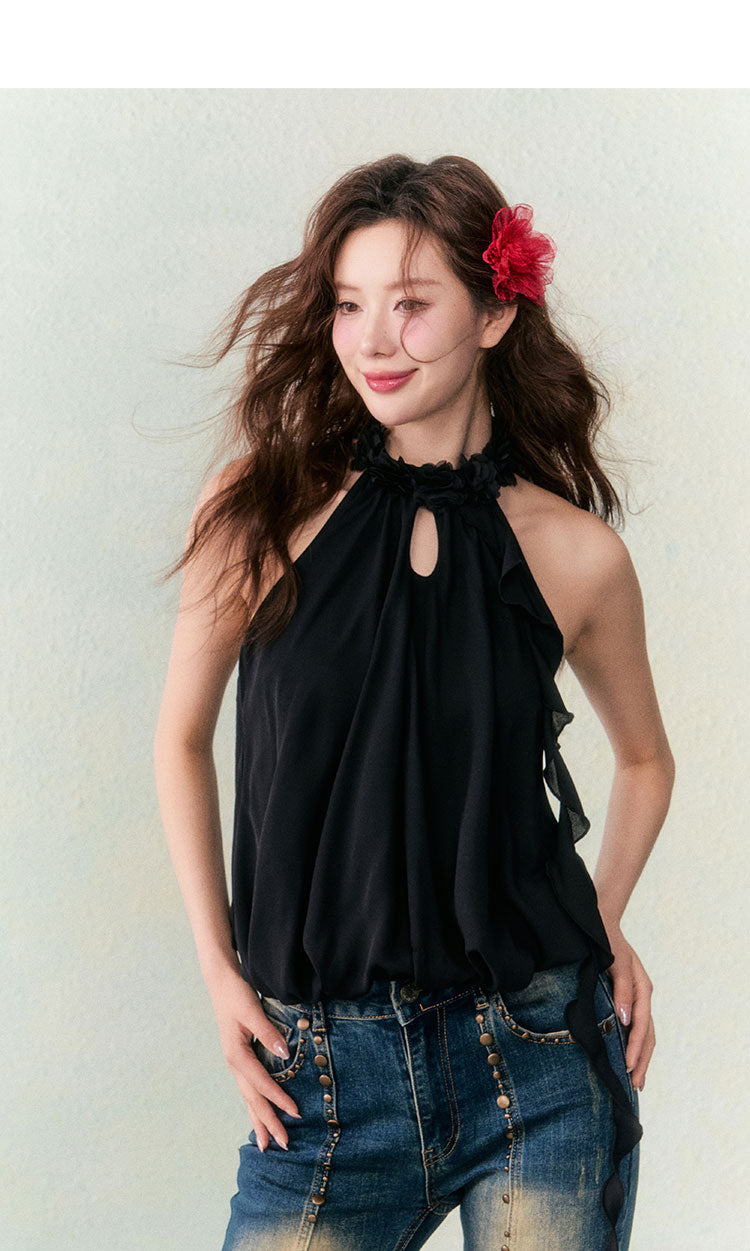 OCRC Official Red Flower Collar Spaghetti Strap Design Sensation Floating Ribbon Bud Chiffon Top