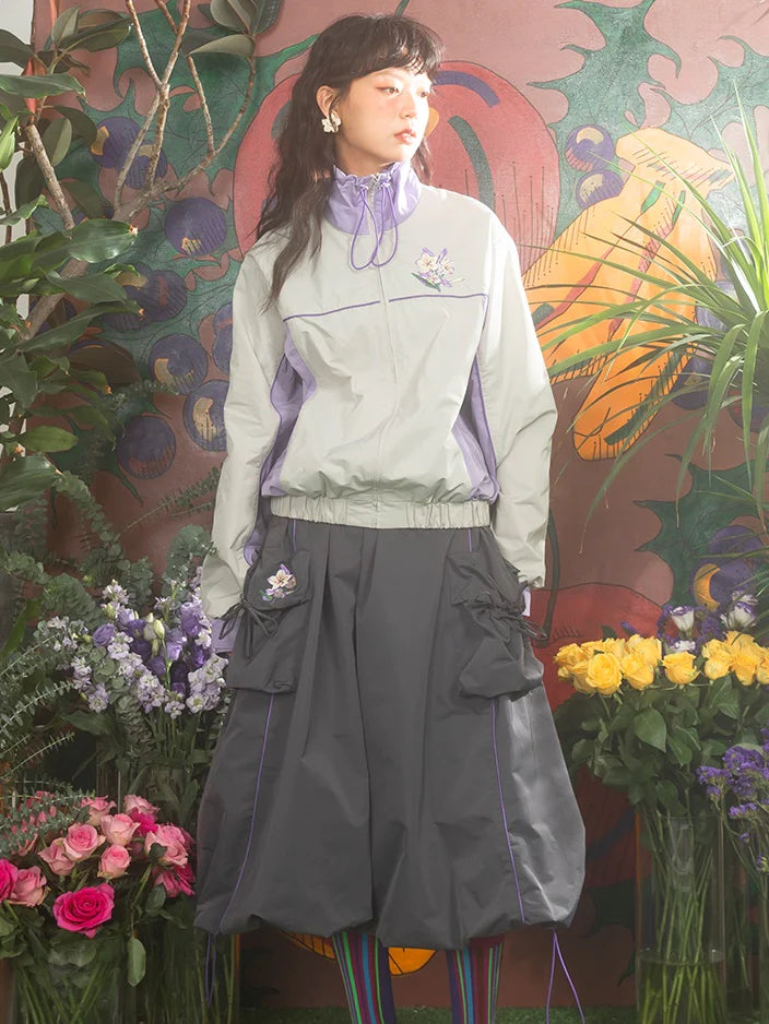 Cherry Blossom Embroidery Zipper Windbreaker- Simple Outfits