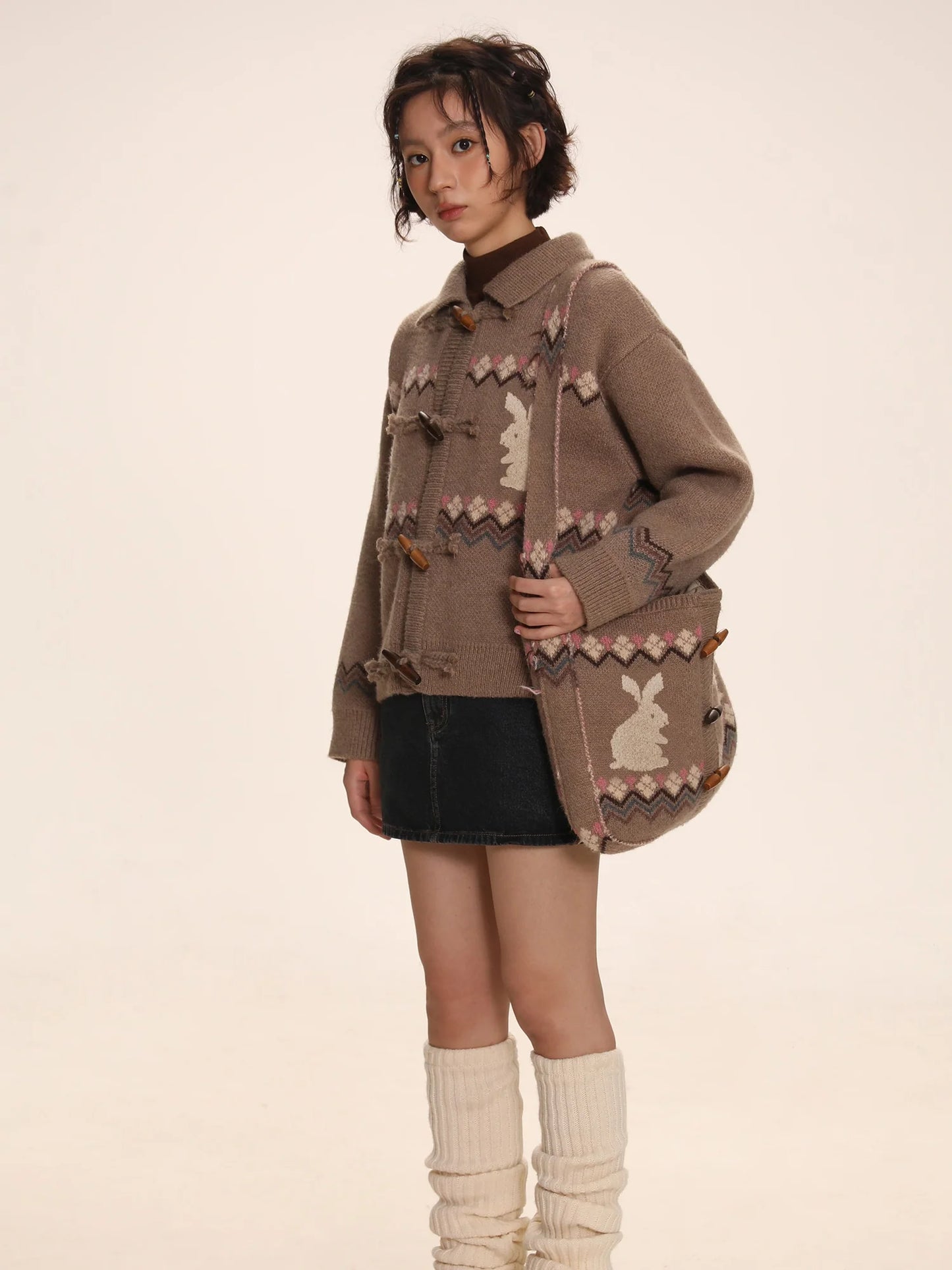 Horn Buckle Rabbit Knitted Cardigan