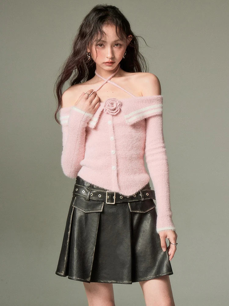 Rose Cross Strap One-Shoulder Sweater