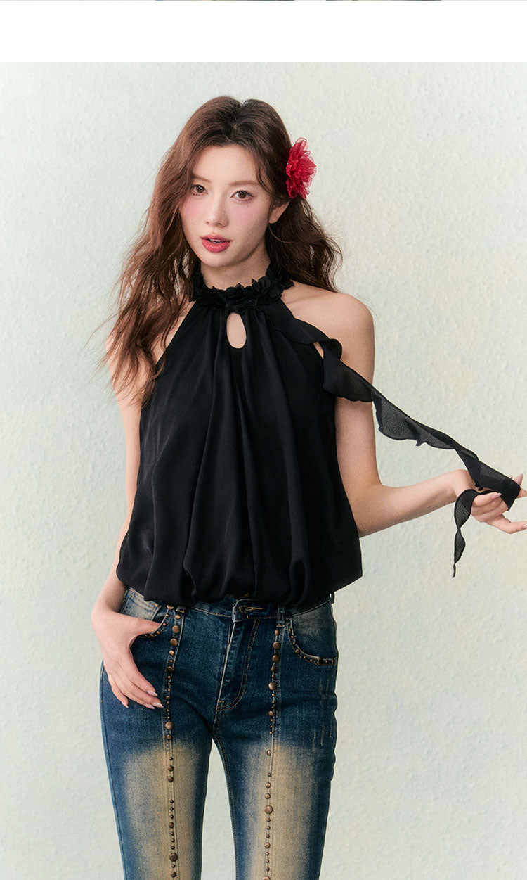 OCRC Official Red Flower Collar Spaghetti Strap Design Sensation Floating Ribbon Bud Chiffon Top