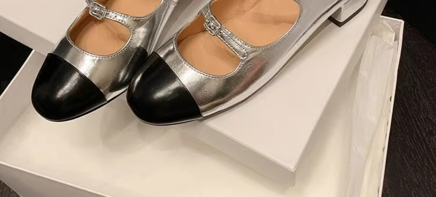 This is the ultimate Chanel style! French vintage double diamond buckle Mary Jane shoes, genuine leather patchwork shallow mouth thick mid-heel single shoes for women.