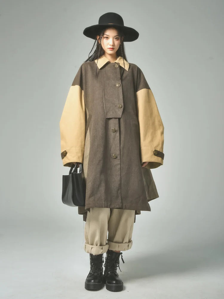 Retro Stitching Long Loose Cape Detachable Coat