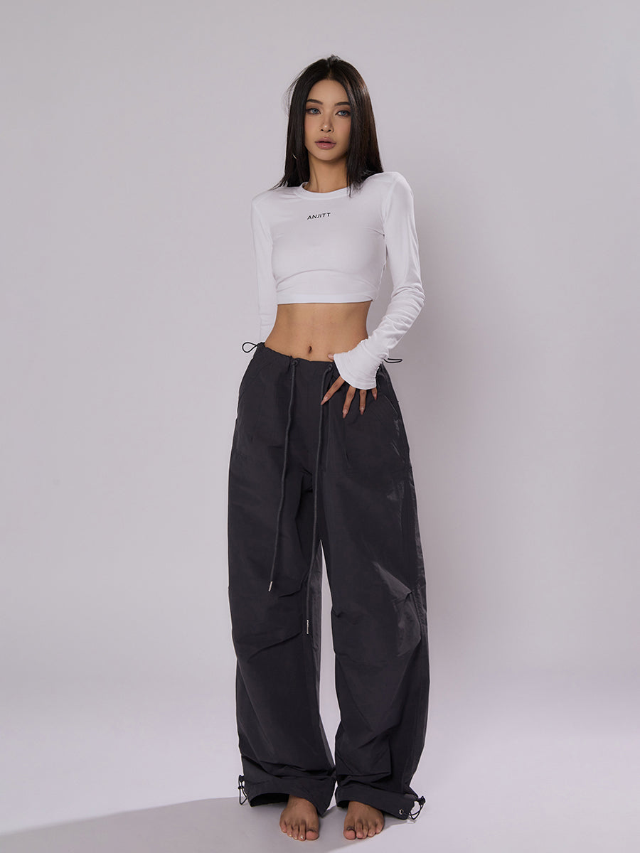 AN JITT Peach Collection" Grey Parachute Pants New American Style Drawstring Utility Pants Wide-Leg Casual Pants for Women Spring/Summer