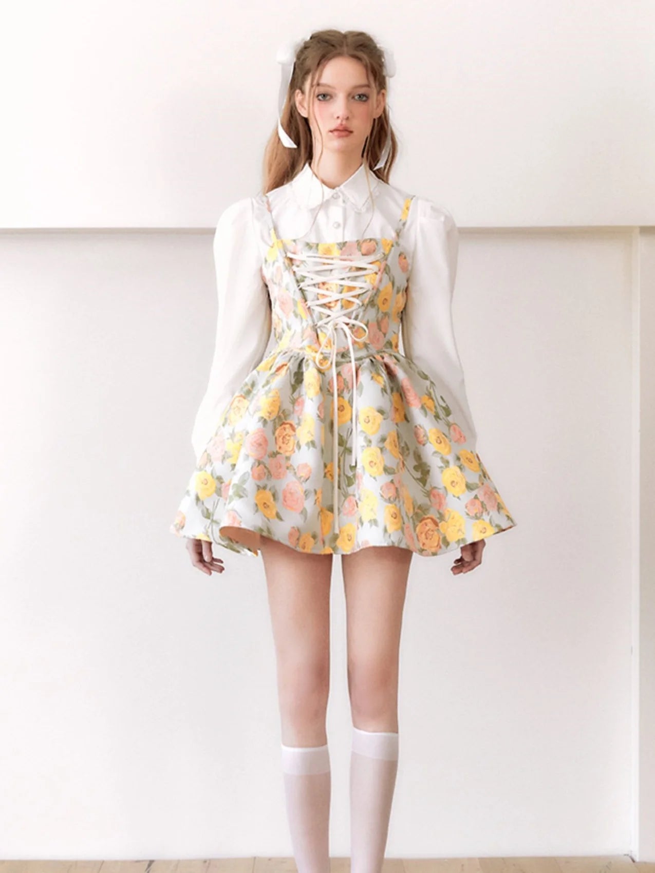 Oil Painting Ballet Style Suspender Dress & Waist Shape Shirt