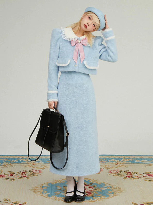 Bow Puff Sleeve Short Jacket & Skirt