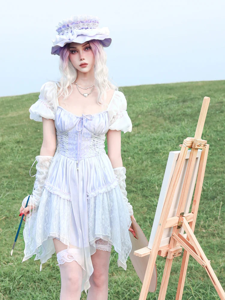 Y2K Sweet Puff Sleepes Lace French Dress- Outfit Inspo