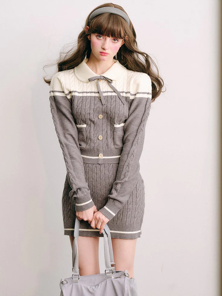 Polo Collar Knitted Sweater ＆ Cable Mini Skirt