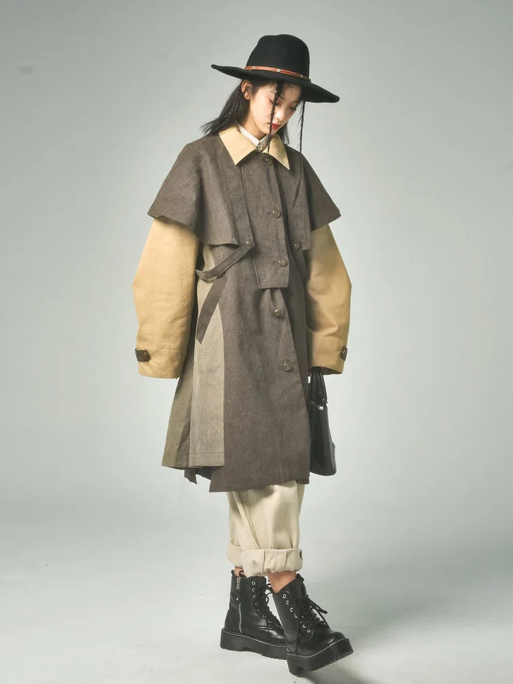 Retro Stitching Long Loose Cape Detachable Coat