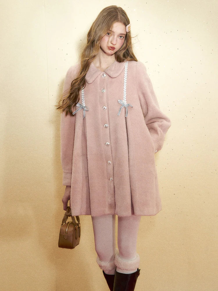 Doll Collar Stitching Bow A-Line Coat