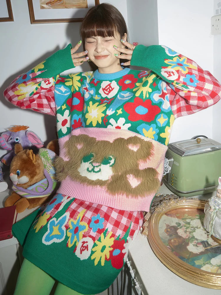 Plaid Plush Bear Flower Knitting Sweater & Skirt