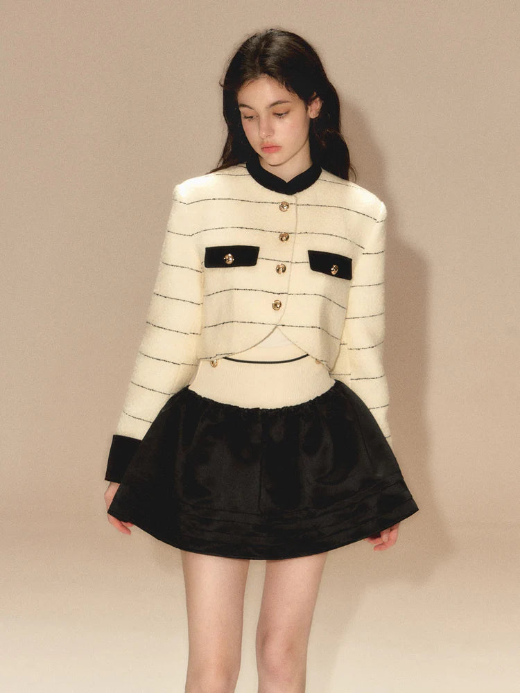 Line Border Mao Collar Short Jacket & Puffy Skirt