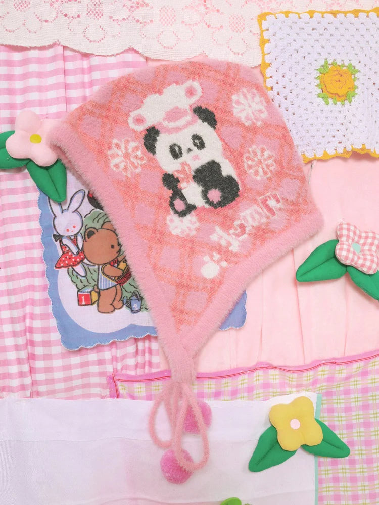 Retro Plaid Giant Panda Plush Knitted Ear Protection Hat- Outfits Aesthetic