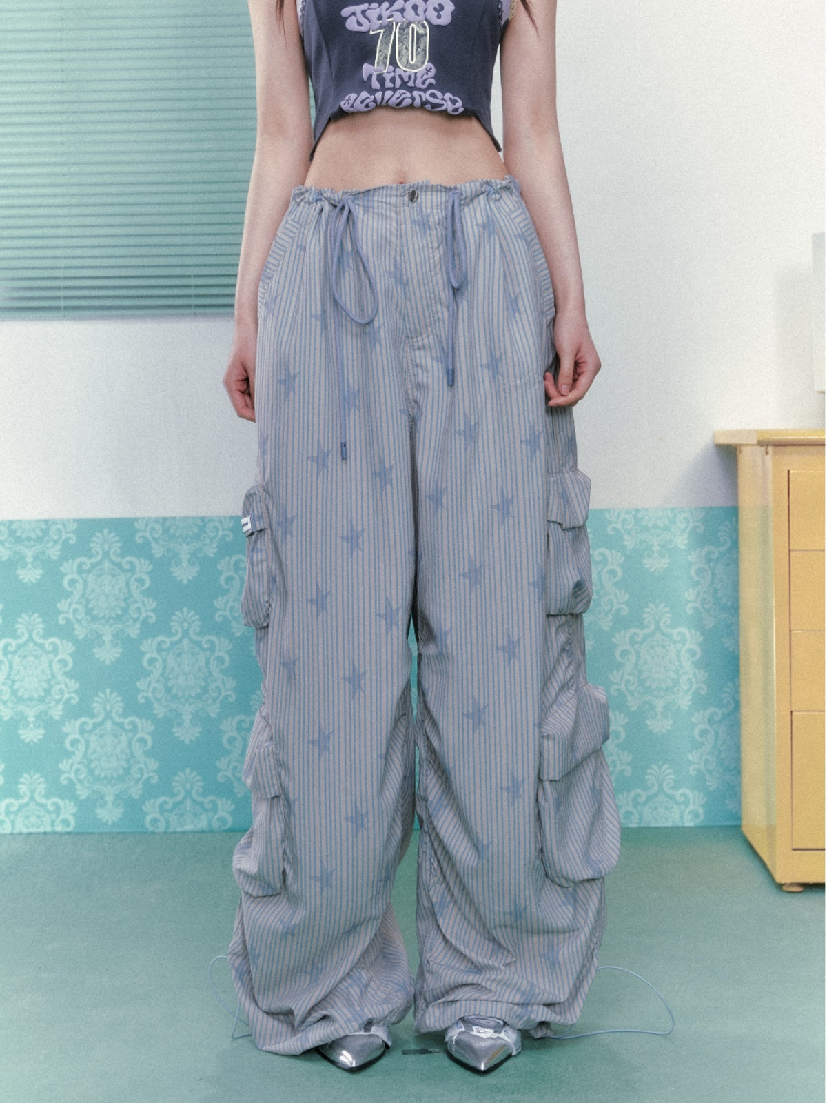 Women's Casual Pants, Original Drawstring Printed Loose Design Wide Leg Pants with a Sense of Style for Summer