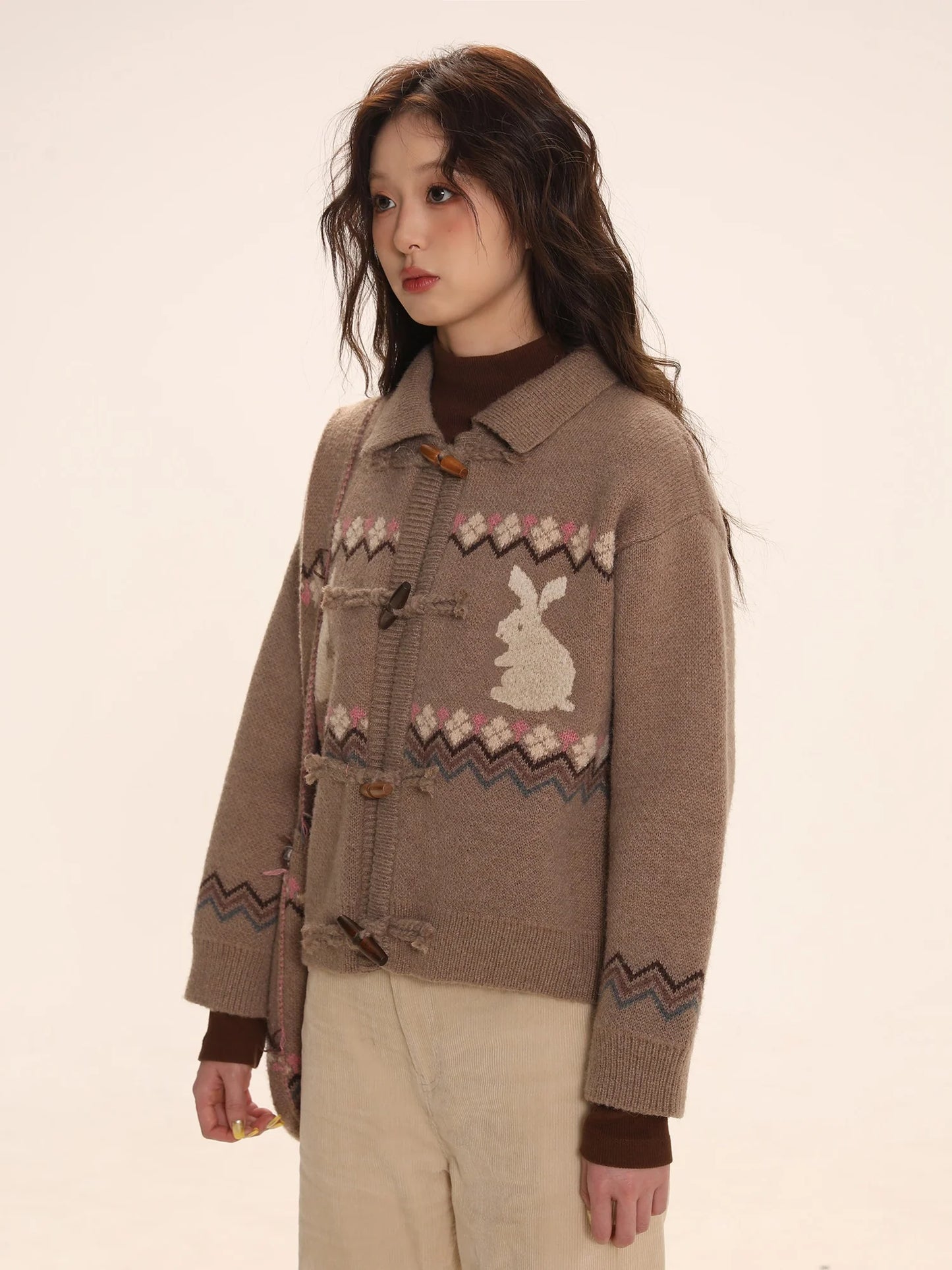 Horn Buckle Rabbit Knitted Cardigan