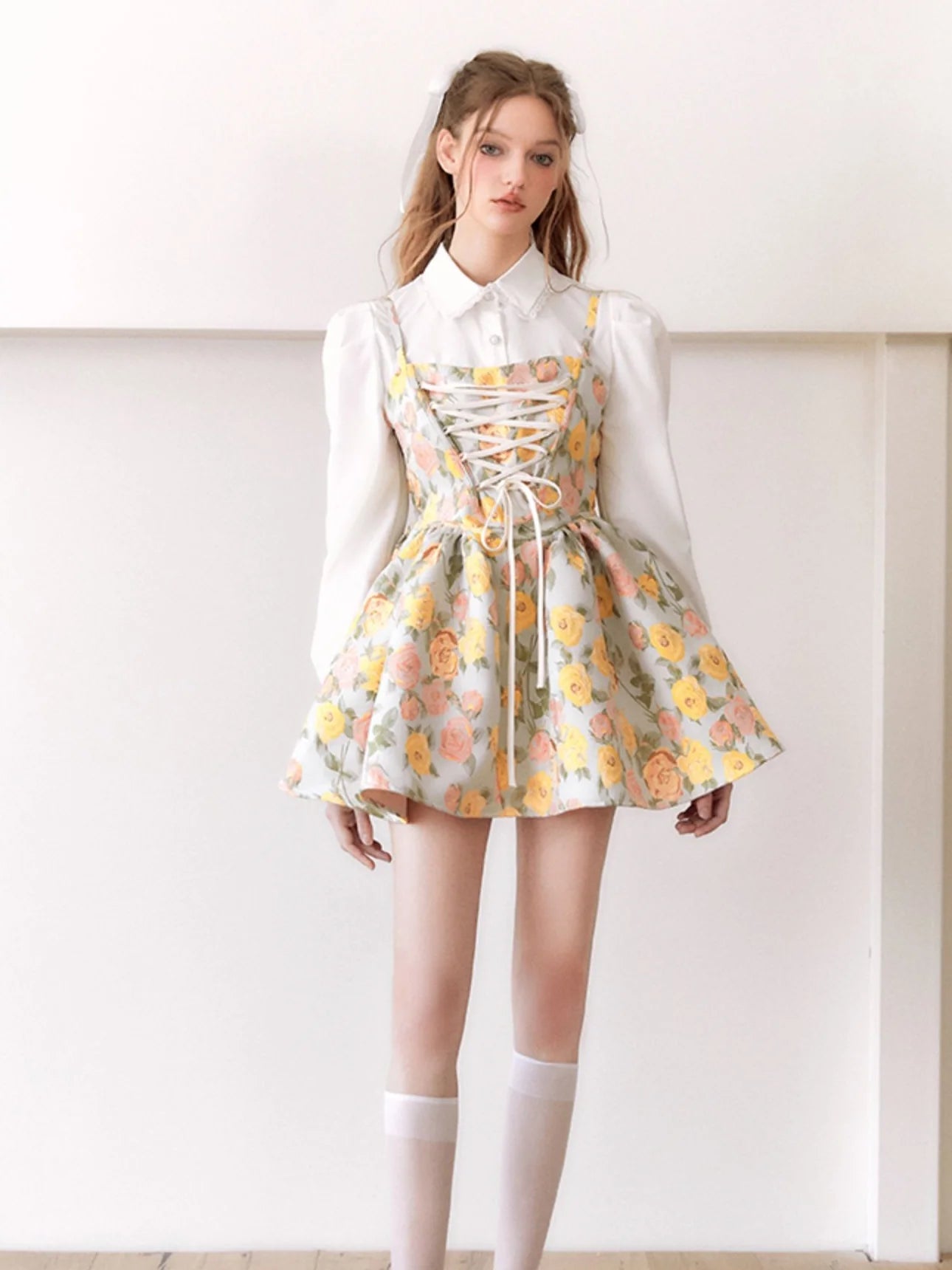 Oil Painting Ballet Style Suspender Dress & Waist Shape Shirt