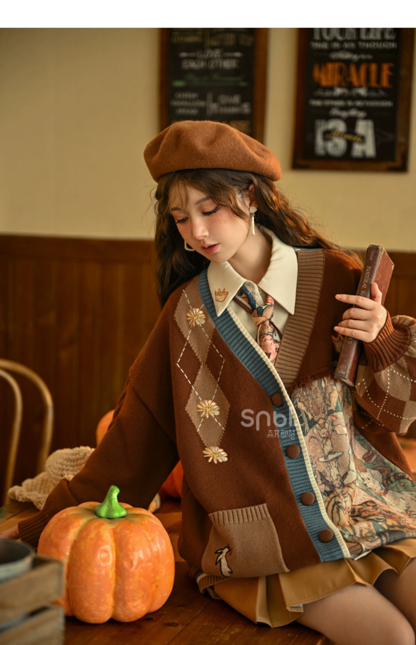 Vintage and lazy atmosphere loose knit sweater with V-neck and cardigan jacket #PN-5010