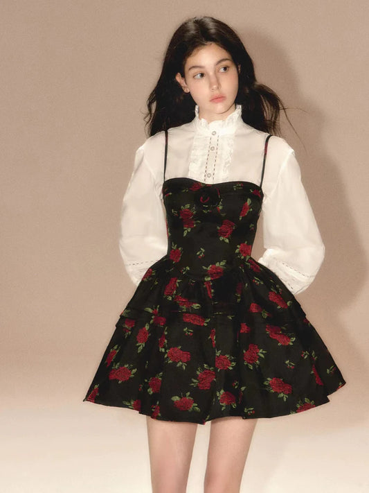 Rose Jacquard Puffy Suspender Dress