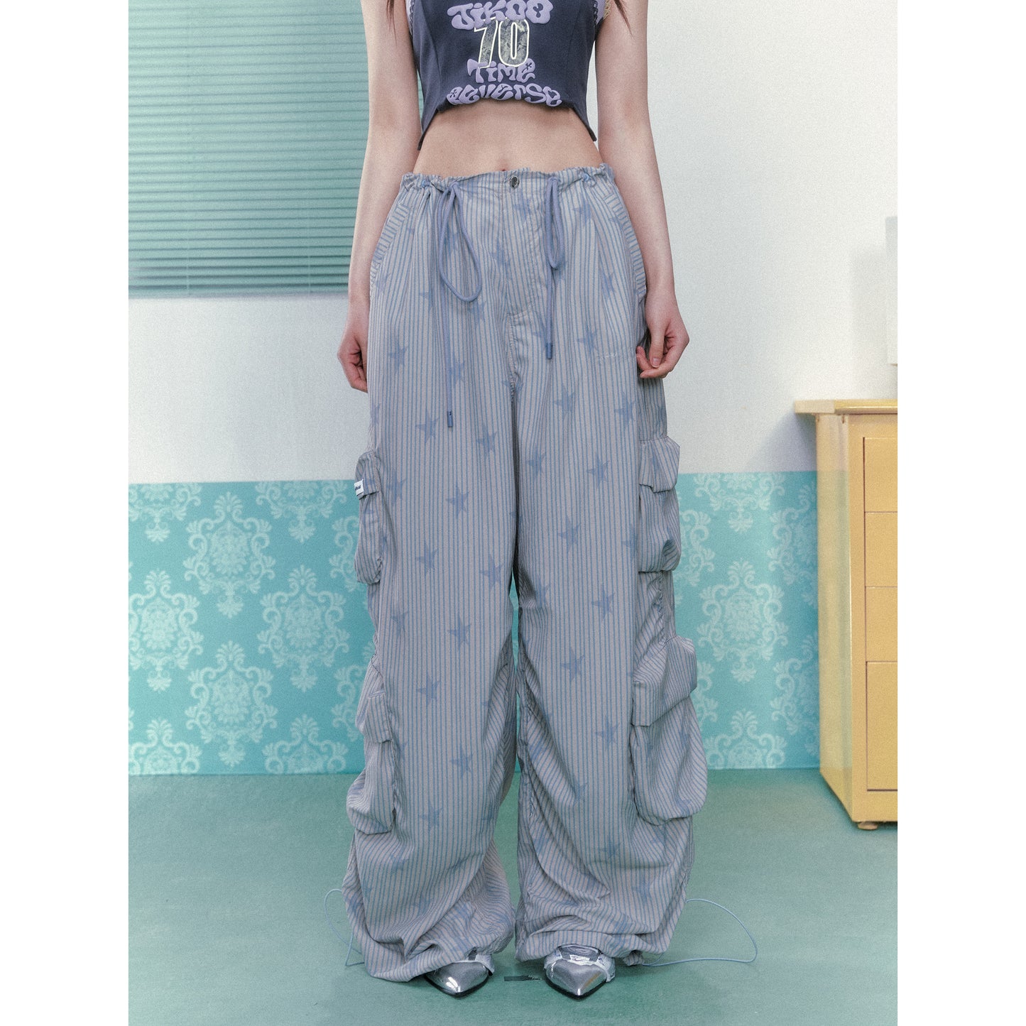 Women's Casual Pants, Original Drawstring Printed Loose Design Wide Leg Pants with a Sense of Style for Summer