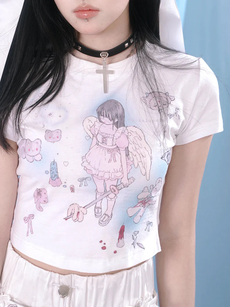 Angel Print Short-Sleeed Tight Tight T-Shirt- Simple Outfit