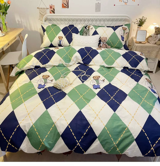 Premium Quality -Blue Bear Diagonal grid bedsheet and duvet cover, Dorm Bedding, Bedding Set