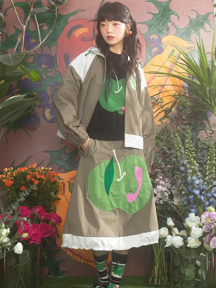 Contrast Stitching Hooded Windbreaker & Patchwork A-Line Skirt- Outfit Ideas