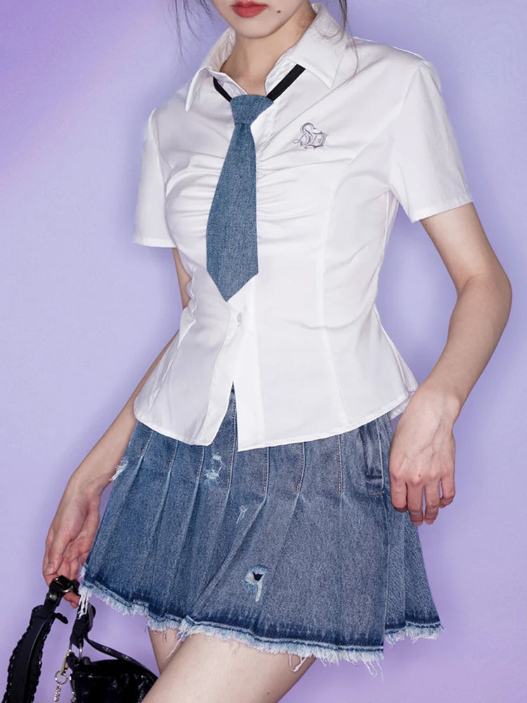 Denim Hole Pleated Skirt With Tie