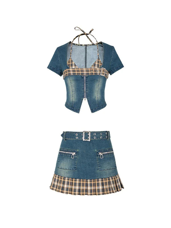 Plaid BRA & DENIM ZIP-UP TOP & PLEATED SKIRT - Outfit Ideas