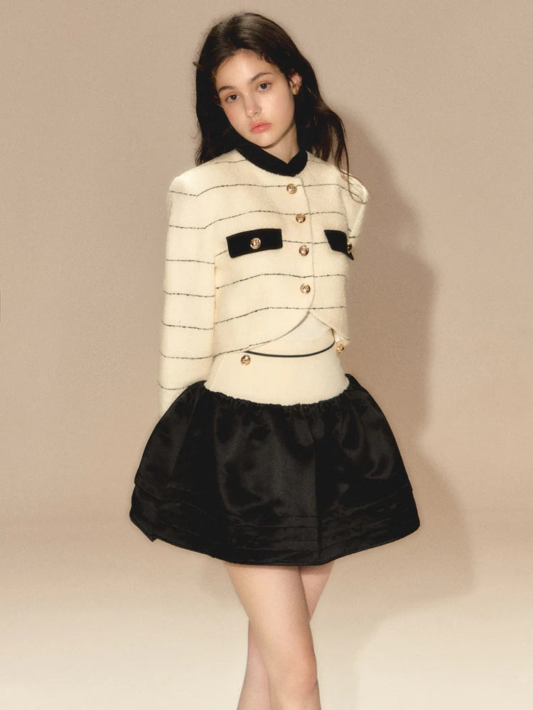 Line Border Mao Collar Short Jacket & Puffy Skirt