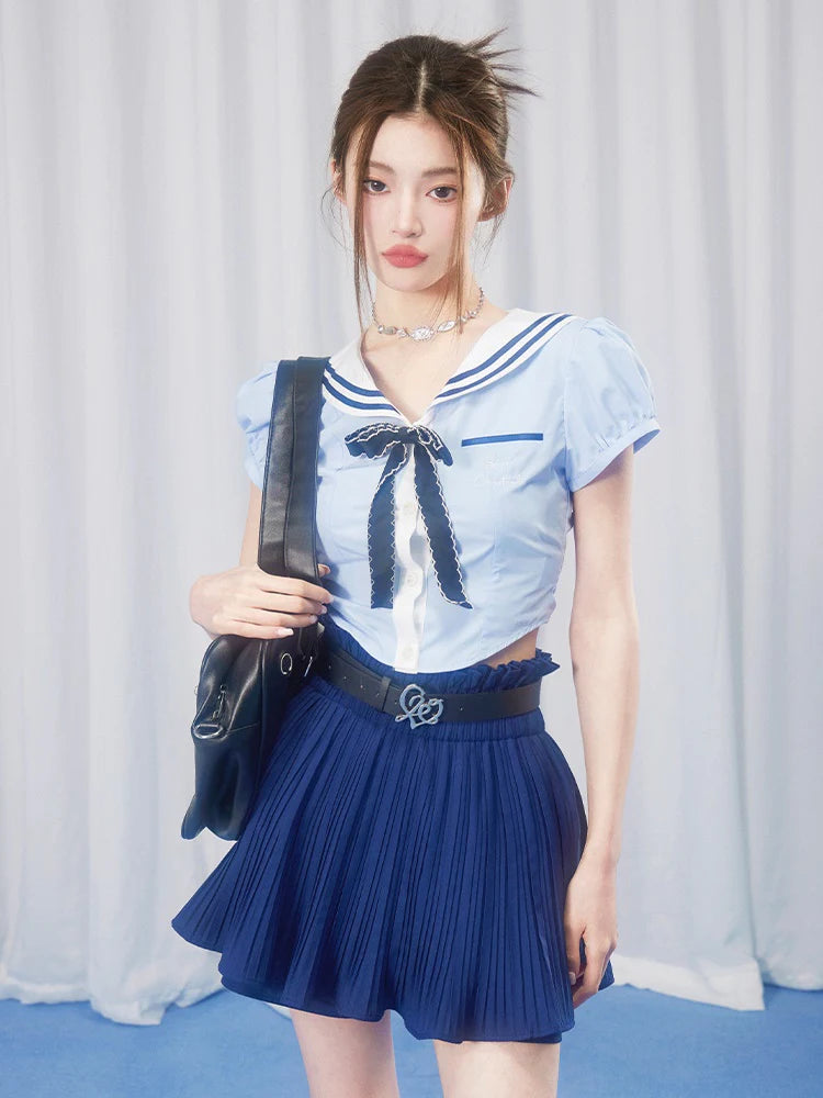 School Girl Puff Sleeve Top & Pleated Skirt