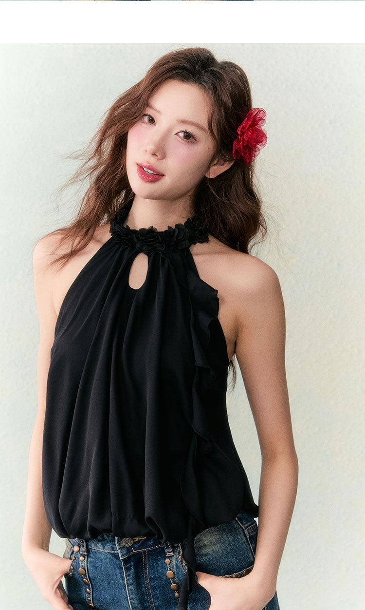 OCRC Official Red Flower Collar Spaghetti Strap Design Sensation Floating Ribbon Bud Chiffon Top