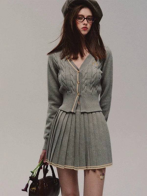 Embroidered Cable Knitted Cardigan & Pleated Skirt