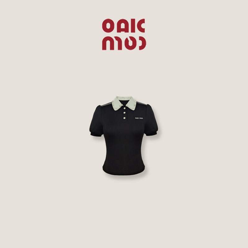 OAKMOO/ "Sunset Returns to the Sun" Spliced False Two-piece Polo Collar Short-sleeved T-shirt Elastic Spliced Top