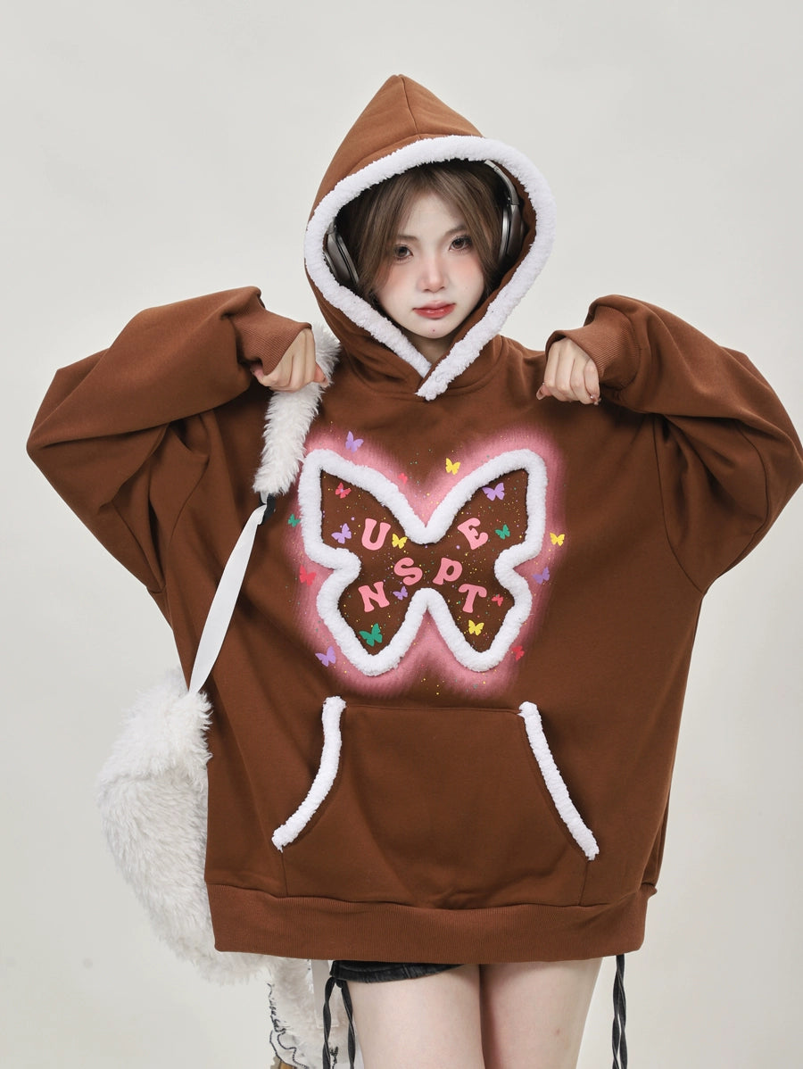 Oversized Kawaii Pink butterfly pullover sweatshirts, hoodies, with added fleece and thickened #PN-5008