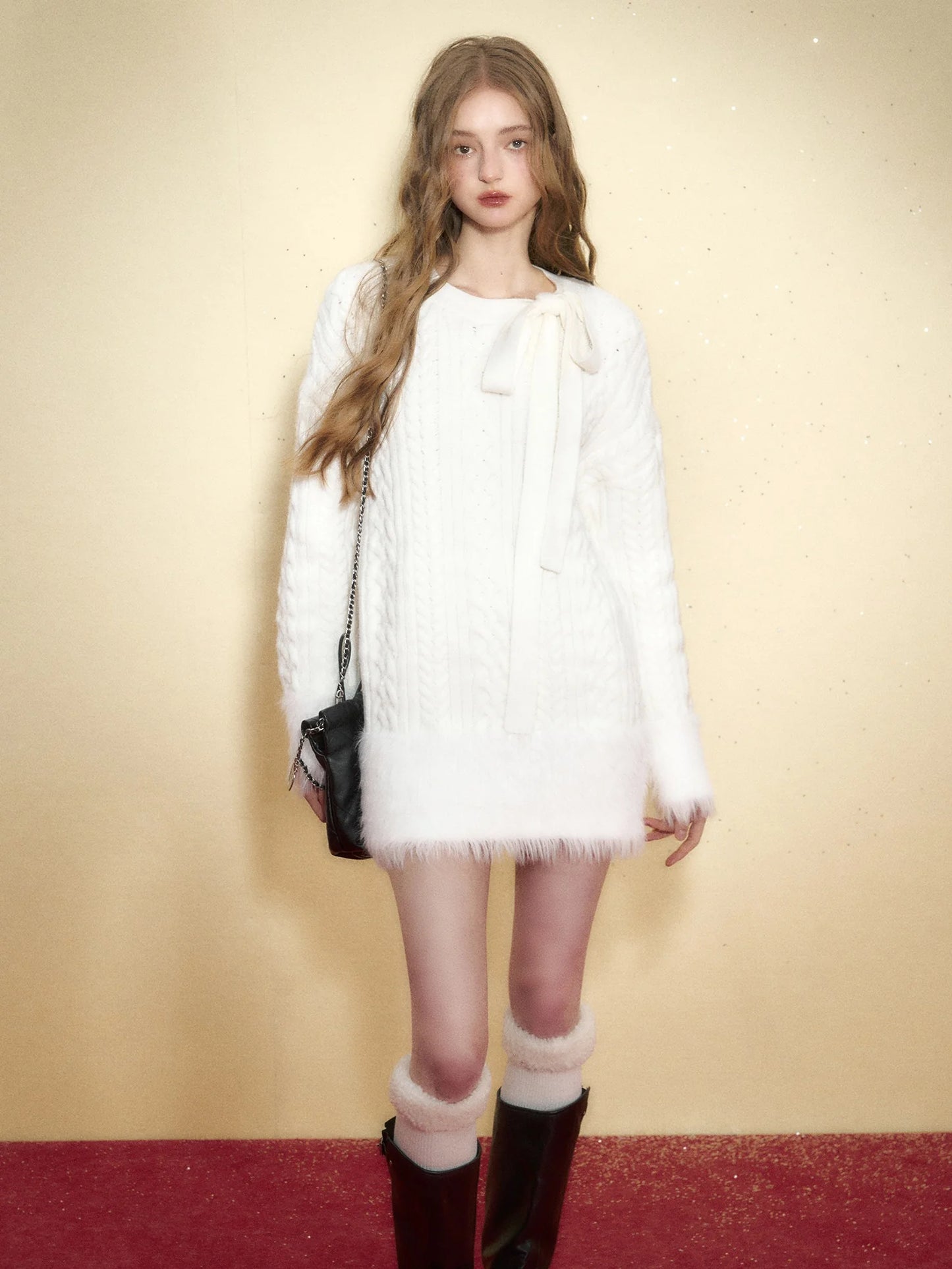 Fur Bow Loose Cable Knitted One-Piece