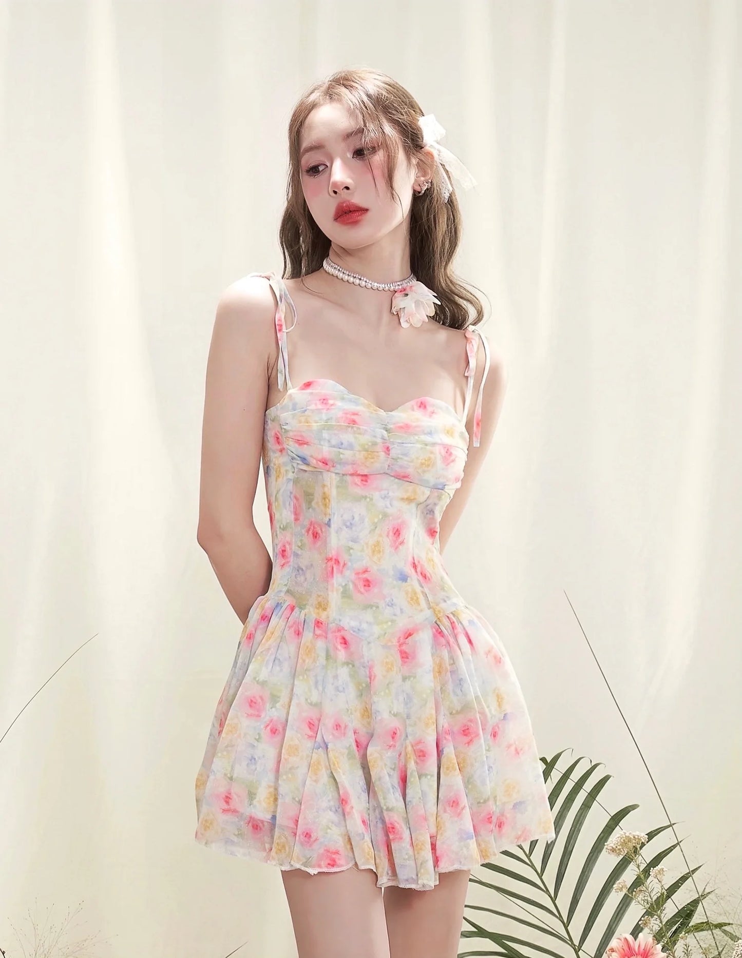 Smudged Floral Suspender Dress with Rose Pearl Necklace