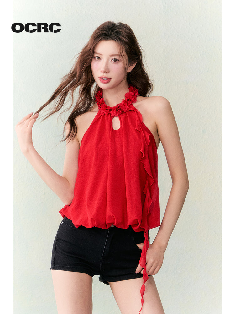 OCRC Official Red Flower Collar Spaghetti Strap Design Sensation Floating Ribbon Bud Chiffon Top