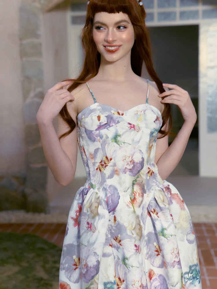 Flowers Print Suspender Dress