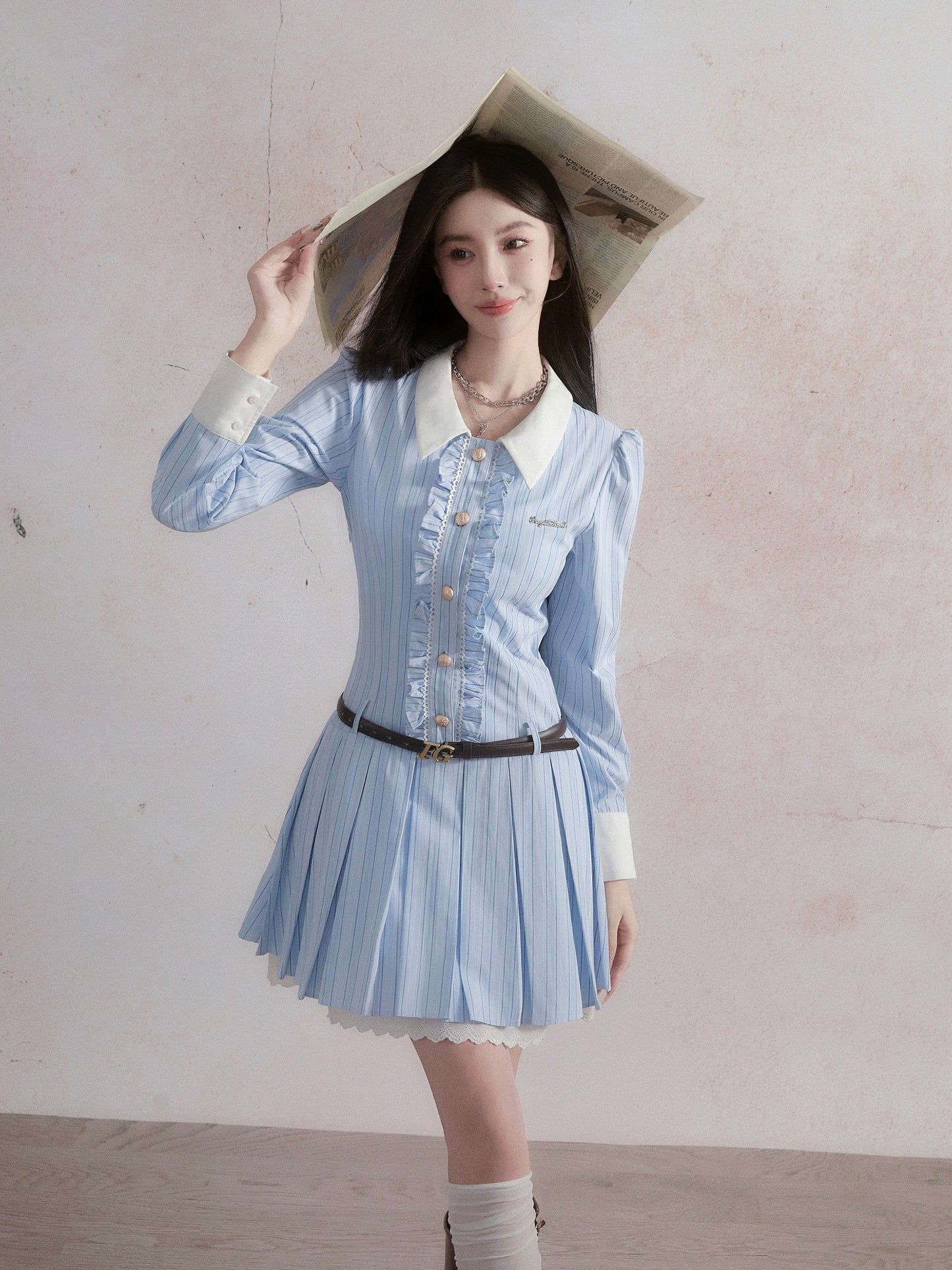 fragileheart Fragile Store Sweet College Style Blue Striped Shirt Dress French Birthday Dress