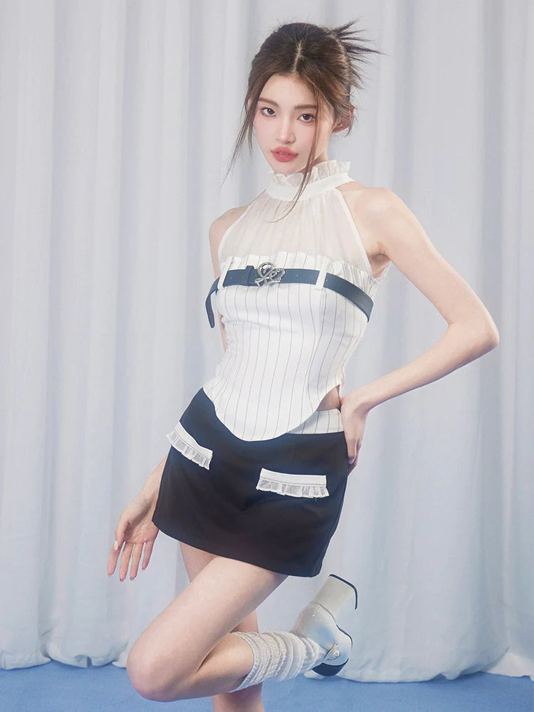 Striped Stitching Sheer Top & Micro Mini Skirt