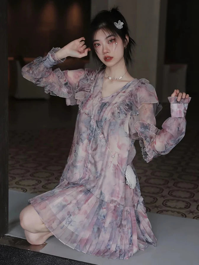 Oil Painting Printed Suspender Dress & Mesh Pleat Dress & Shirt Cardigan