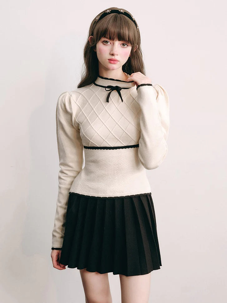 Bottle-Neck Puff Sleeve Knitted Top