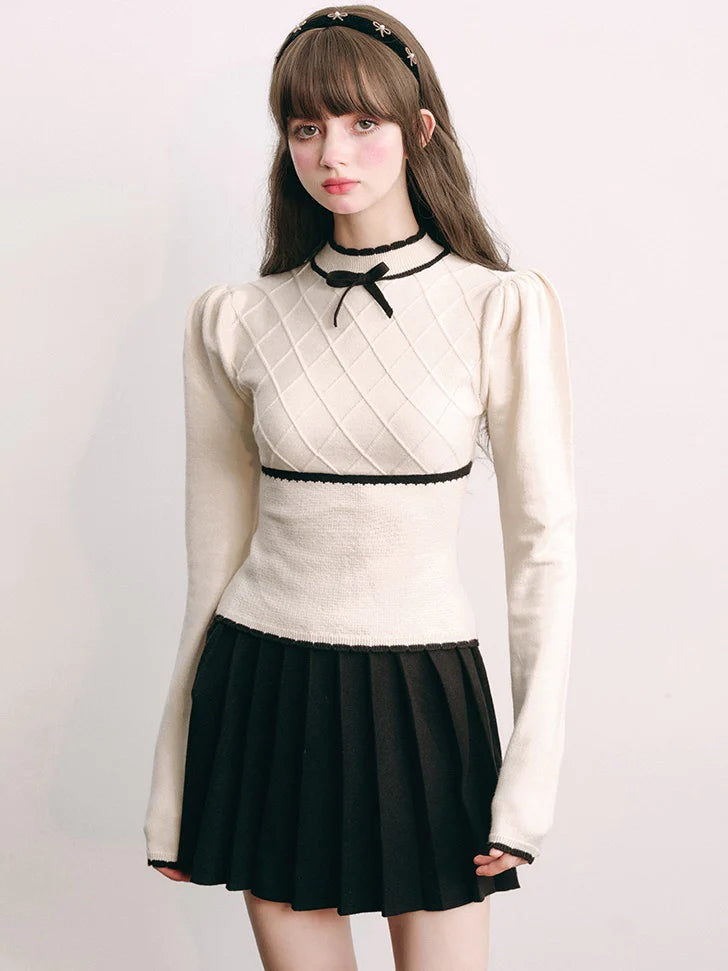 Bottle-Neck Puff Sleeve Knitted Top