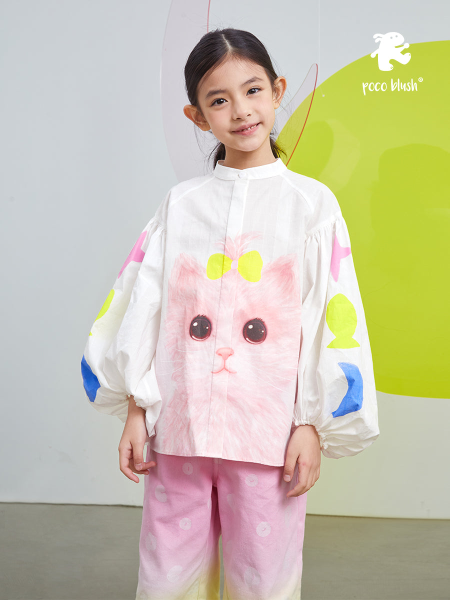 Pocoblush Original Design: Cat Portrait Shirt for Girls, Spring/Summer 2024 New Long Sleeve Top, Doll Dress.