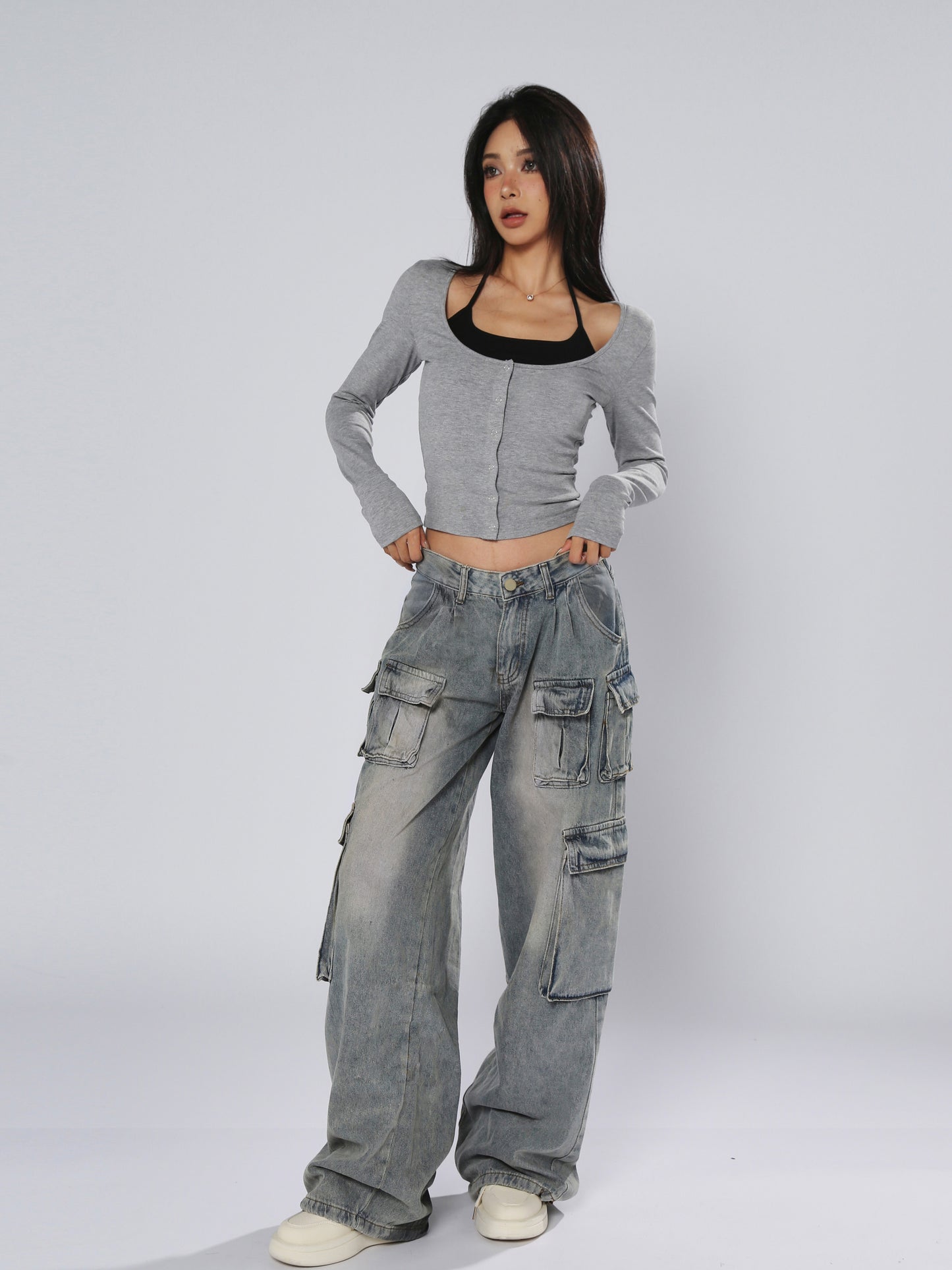 AN JITT Peach Collection" Women's Jeans American Retro Low-Waisted Straight Wide-Leg Loose Washed Multi-Pocket Work Pants Spring